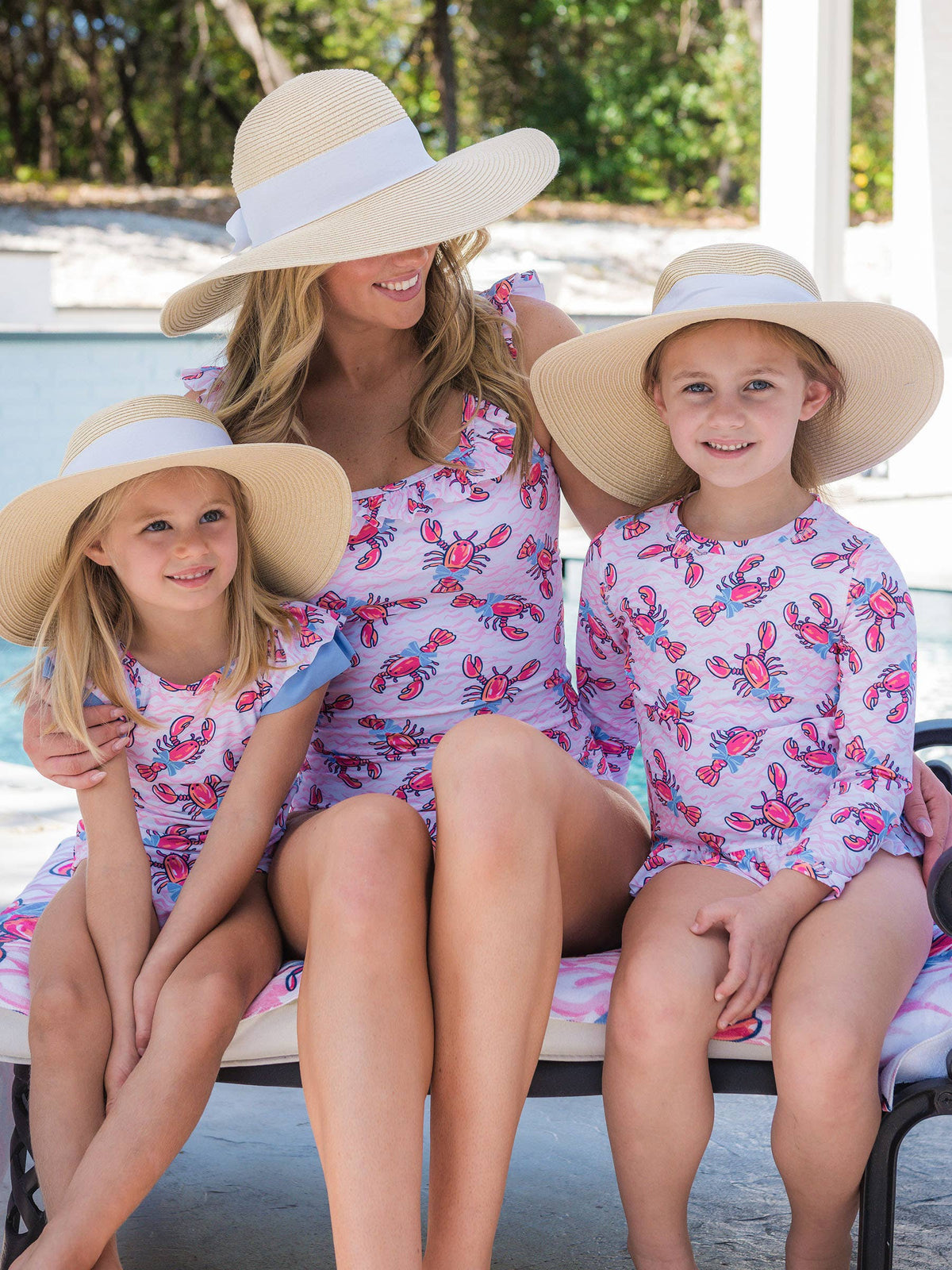 Girls Pink Lobster Lagoon Long Sleeve Rash Guard 2-Piece Swimsuit with Signature Rear Ruffles