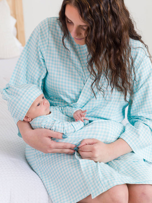 SoftSnooze™ Women's Cotton Modal Blue Breeze Gingham Mommy & Me Maternity Robe & Gown