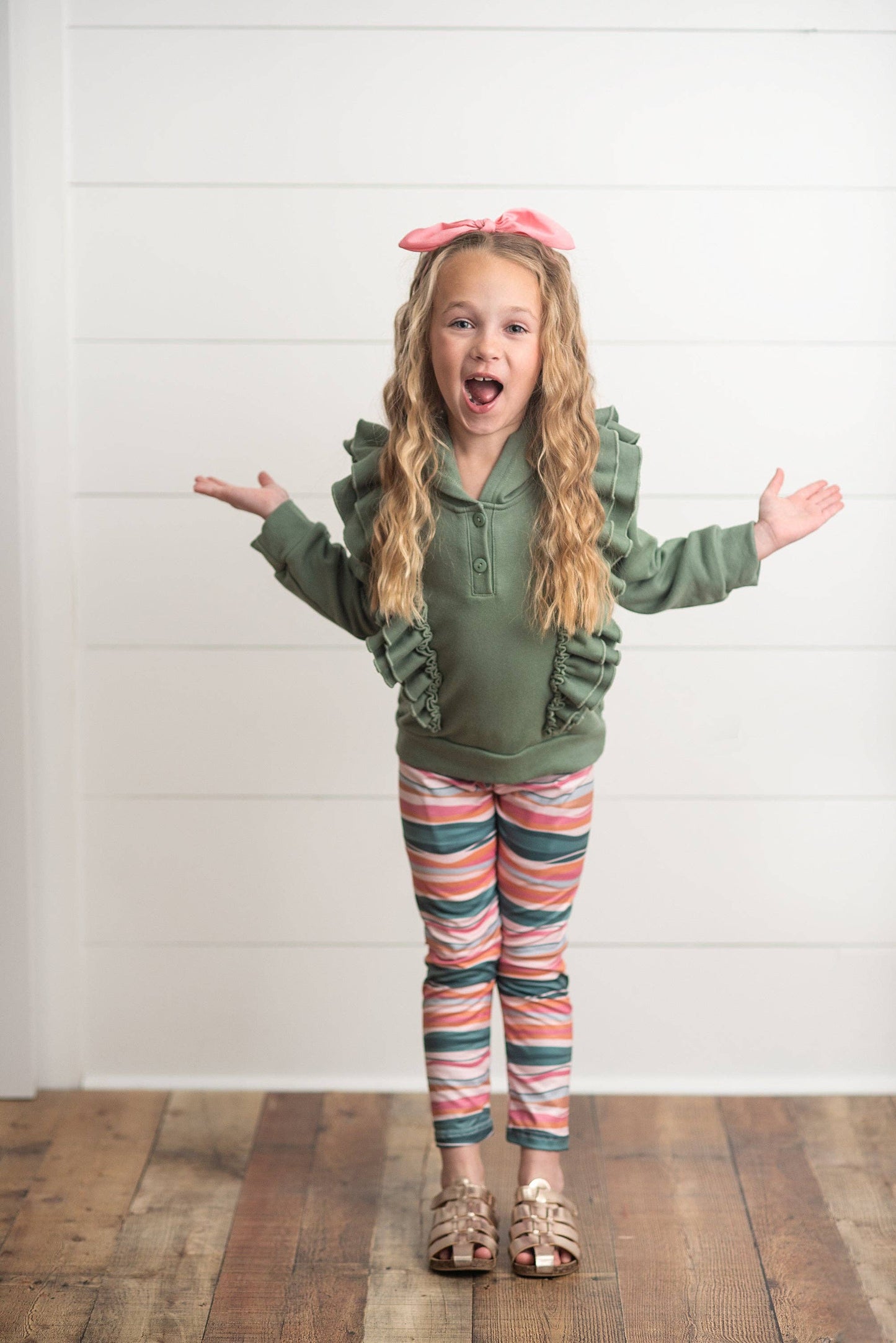 Kids Sage Double Ruffle Button Hoodie & Stripe Leggings Set:
