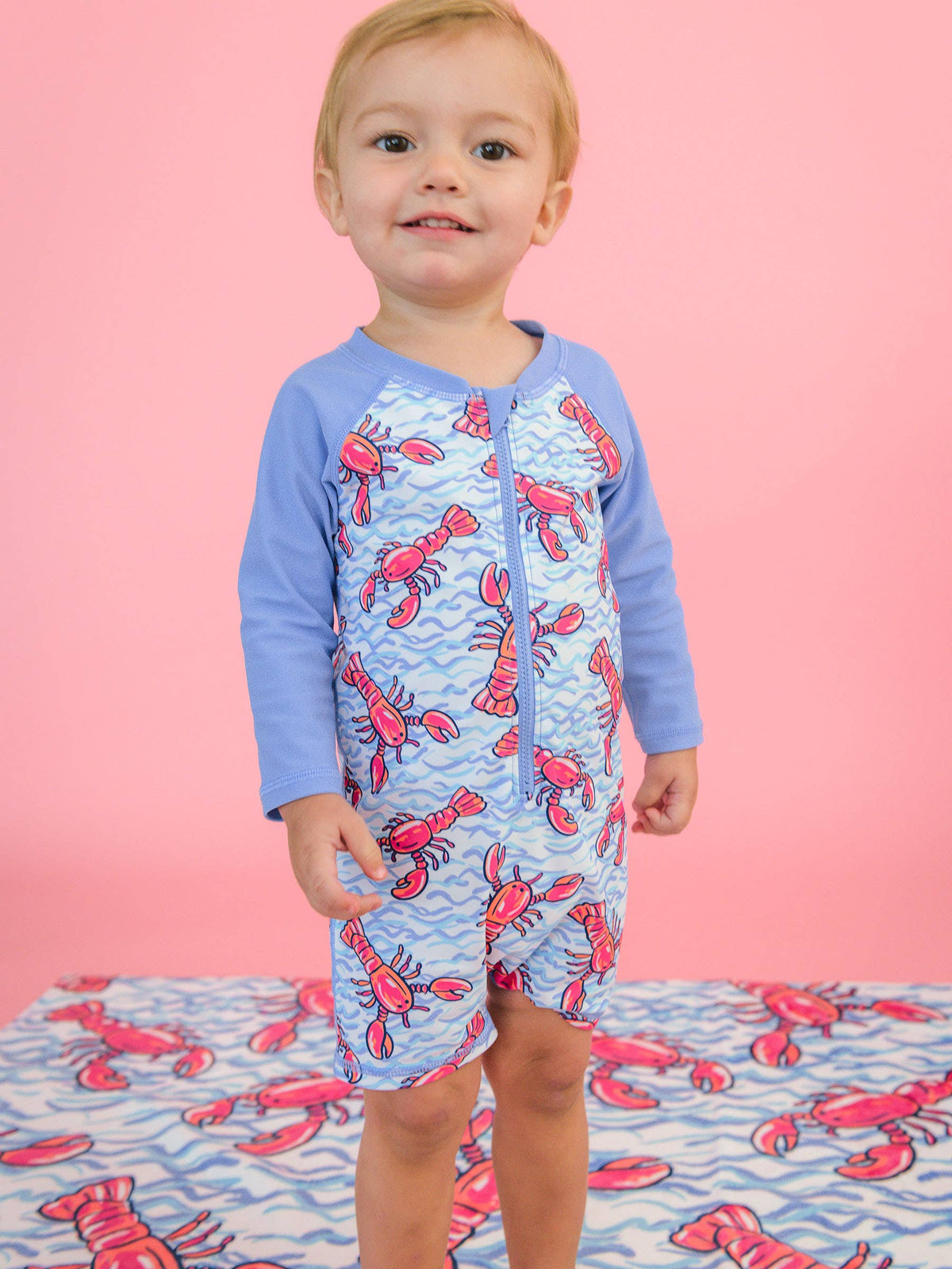 Baby Boys Blue Lobster Lagoon Long Sleeve One Piece Rash Guard Swimsuit