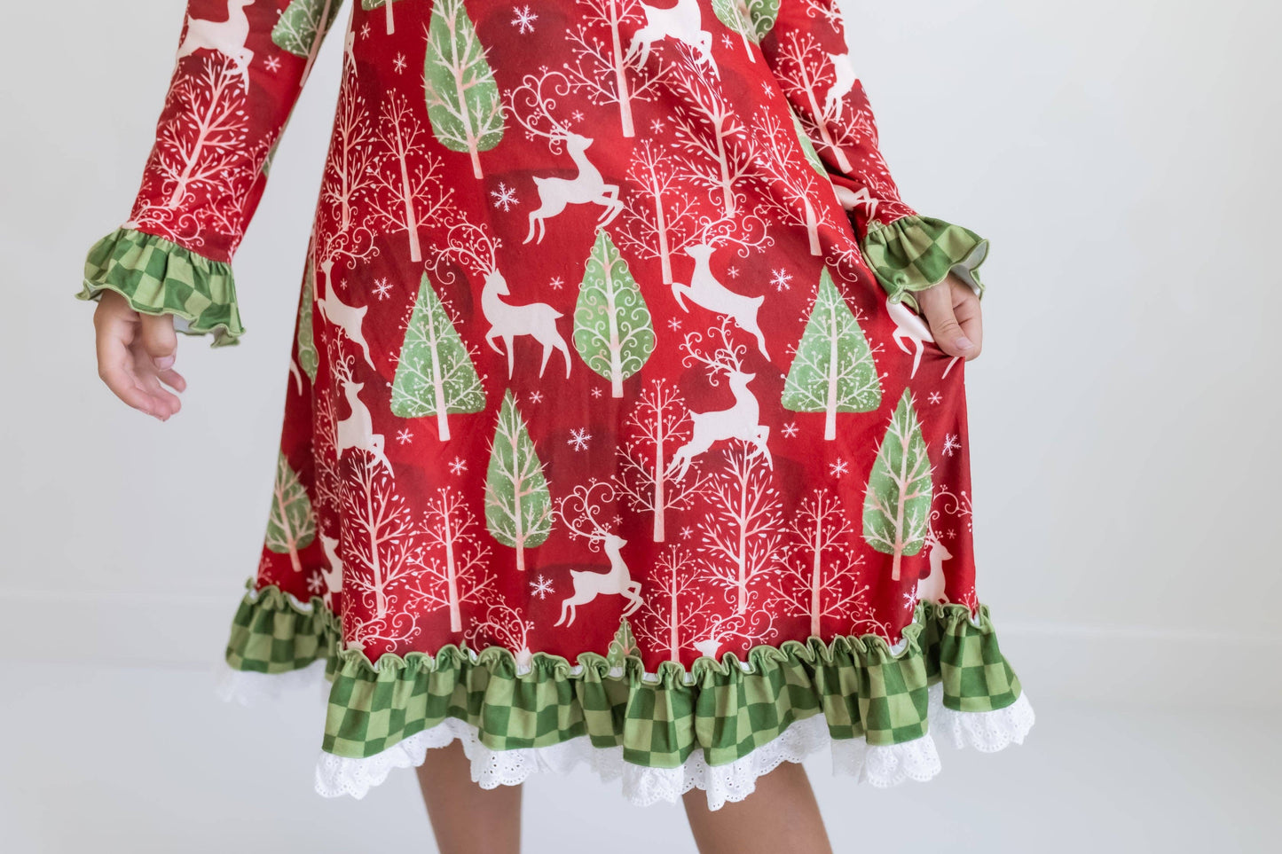 Kids Red Christmas Holiday Reindeer Ruffle Lounge Play Gown:5/6