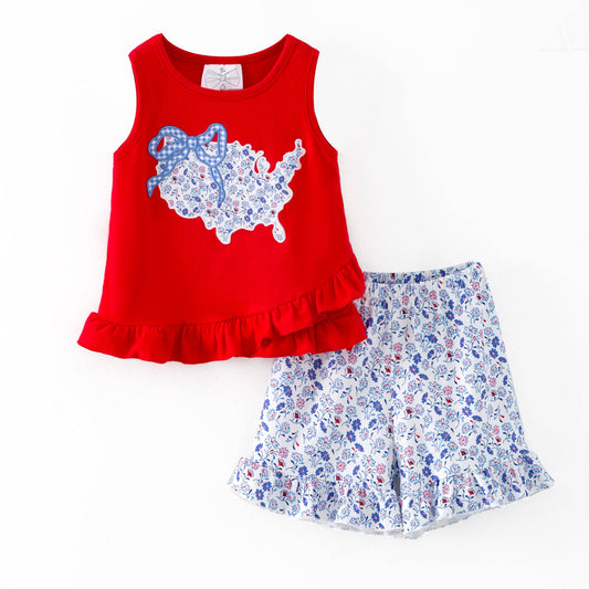 Red USA Floral Shorts Set | Girls Patriotic States Applique Outfit