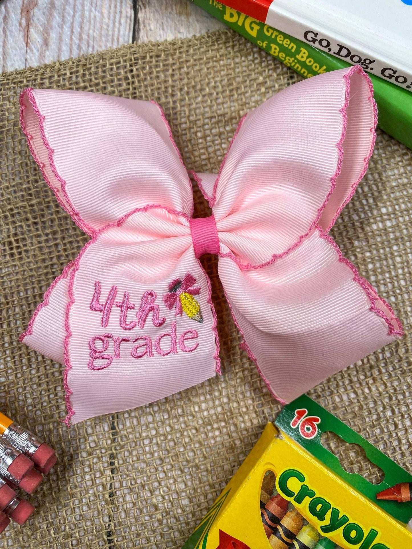 School Grade Embroidered Pencil Moonstitch Bow | Pre-K to 5th Grade: Pre-K