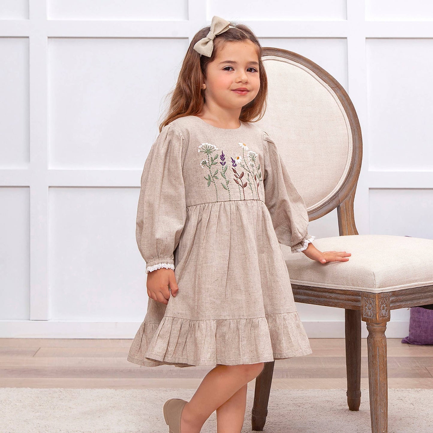 Embroidered Linen Girls Dress – Cotton Blend Heirloom Style: 6Y