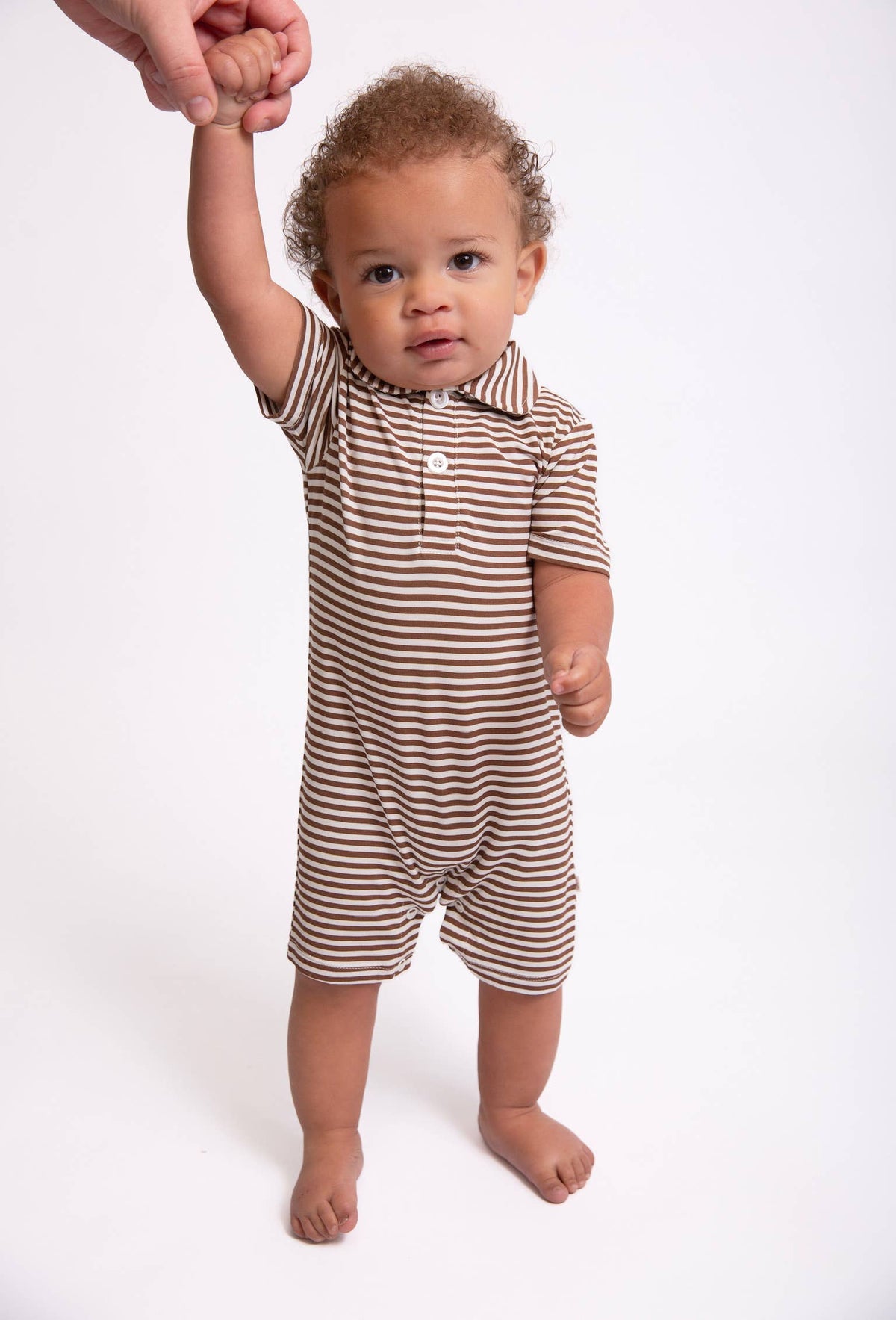Chocolate Stripes - SS Polo Romper: 6-12mo