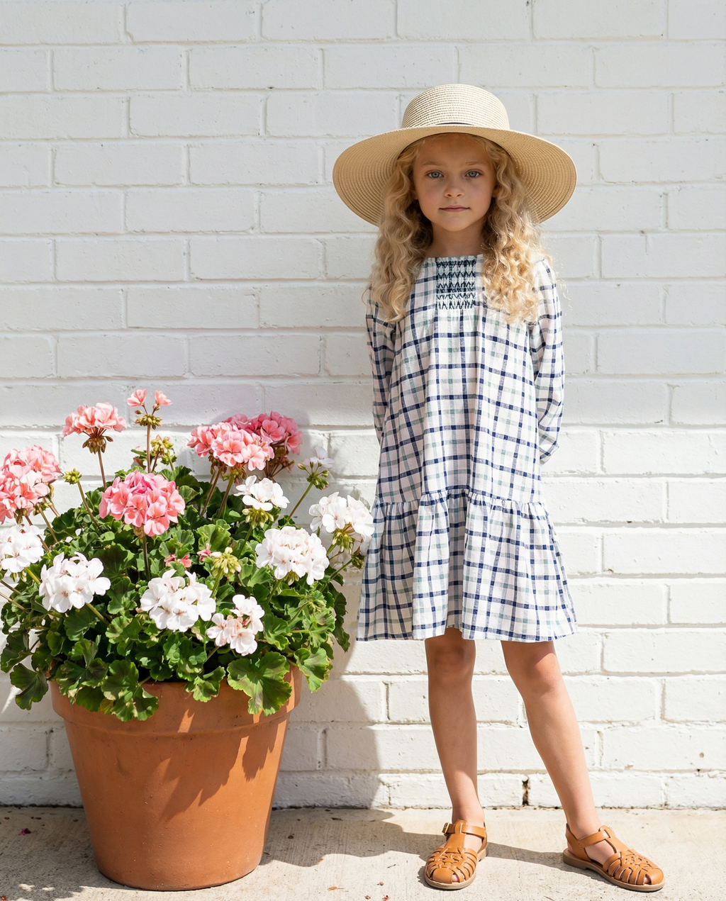 Girls Navy & White Plaid Smocked Ruffle Spring Dress