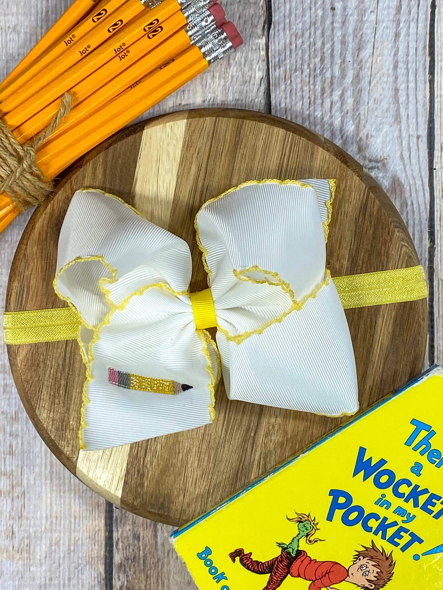 Pencil Embroidered Moonstitch Hair Bow | Clip or Headband: Headband